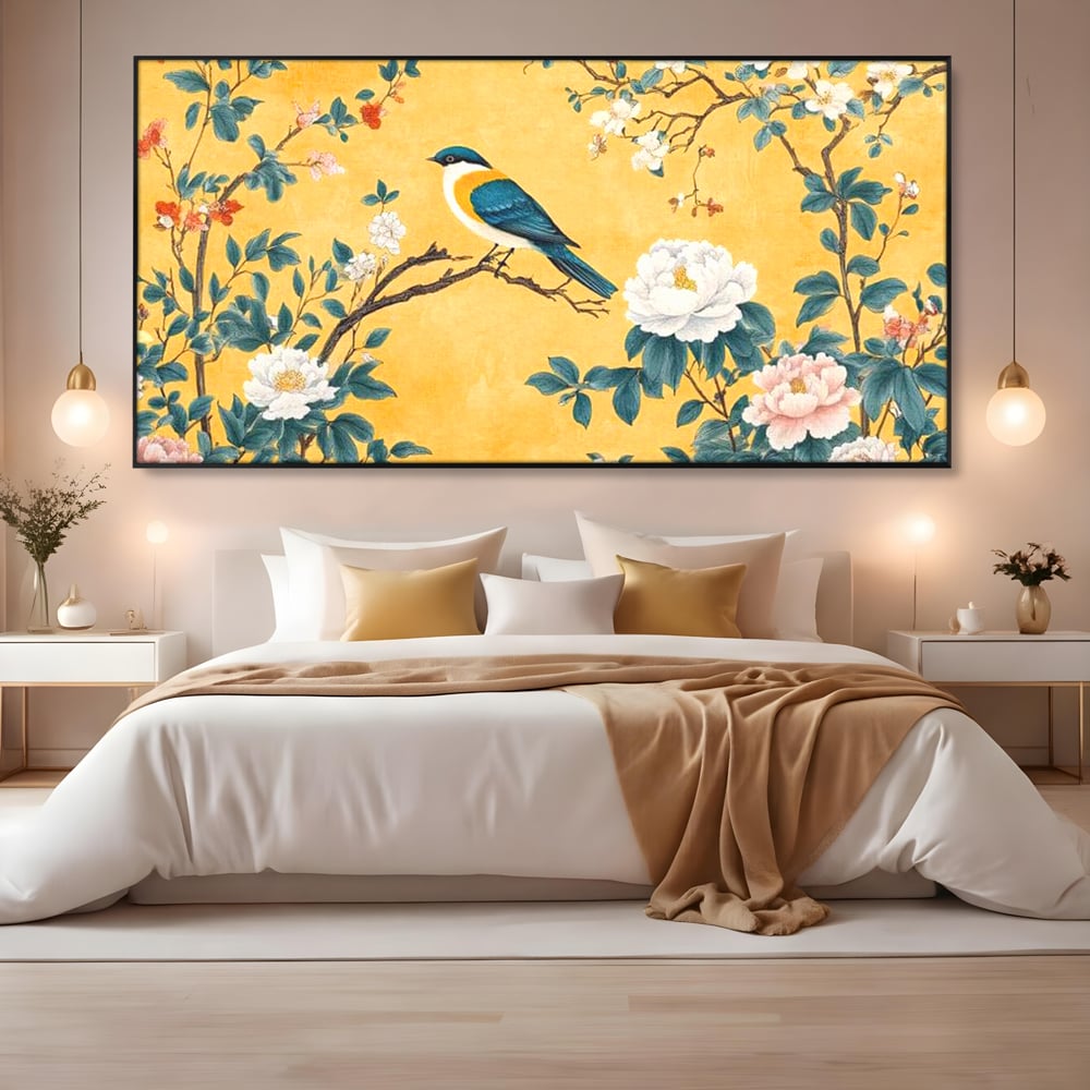 Tablou Canvas Premium, LuxCanva® M1068, Splendoare printre Bujori, Bujori, Oriental, Asiatic, Gradina, Pasari, Flori, Botanica, Pictura, Galben, Birou, Living, Camera Copil