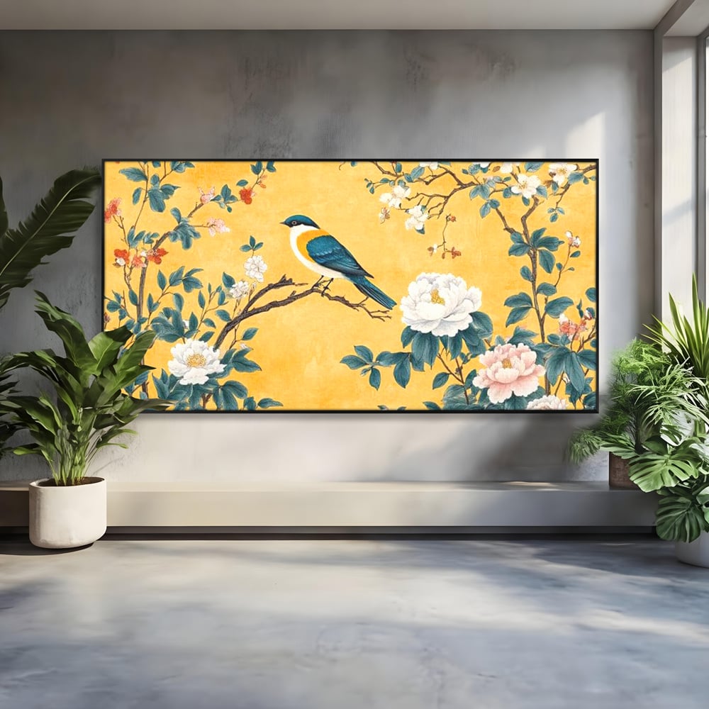 Tablou Canvas Premium, LuxCanva® M1068, Splendoare printre Bujori, Bujori, Oriental, Asiatic, Gradina, Pasari, Flori, Botanica, Pictura, Galben, Birou, Living, Camera Copil