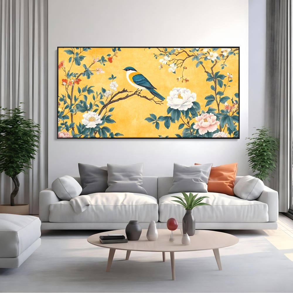 Tablou Canvas Premium, LuxCanva® M1068, Splendoare printre Bujori, Bujori, Oriental, Asiatic, Gradina, Pasari, Flori, Botanica, Pictura, Galben, Birou, Living, Camera Copil