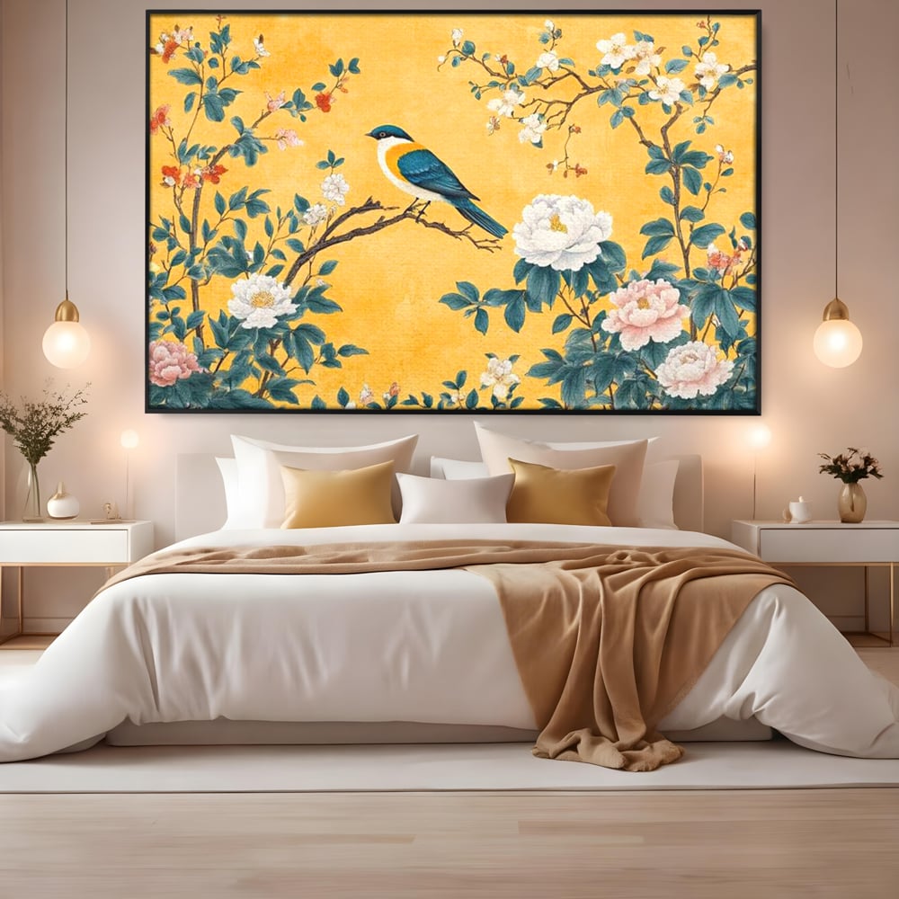 Tablou Canvas Premium, LuxCanva® M1068, Splendoare printre Bujori, Bujori, Oriental, Asiatic, Gradina, Pasari, Flori, Botanica, Pictura, Galben, Birou, Living, Camera Copil