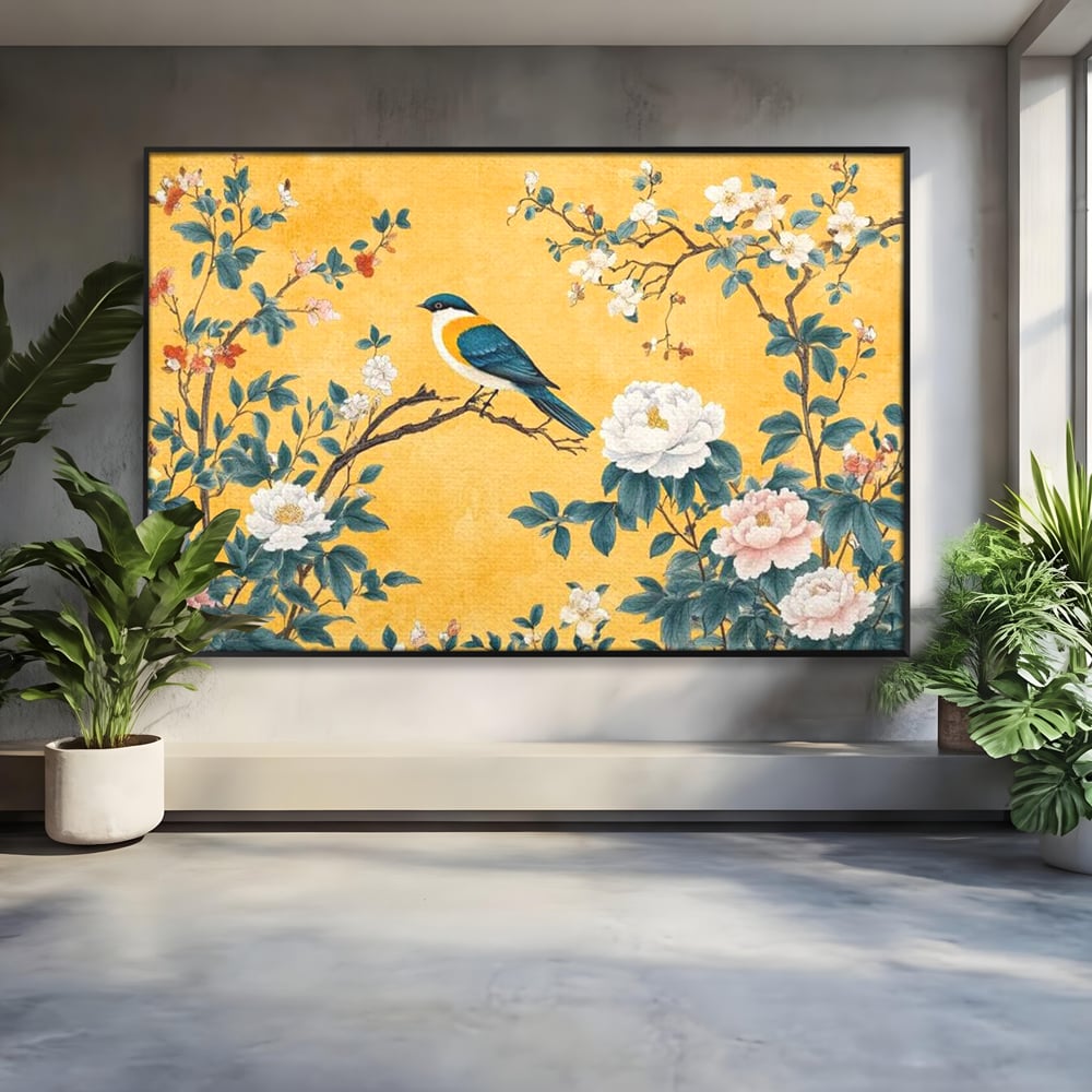 Tablou Canvas Premium, LuxCanva® M1068, Splendoare printre Bujori, Bujori, Oriental, Asiatic, Gradina, Pasari, Flori, Botanica, Pictura, Galben, Birou, Living, Camera Copil