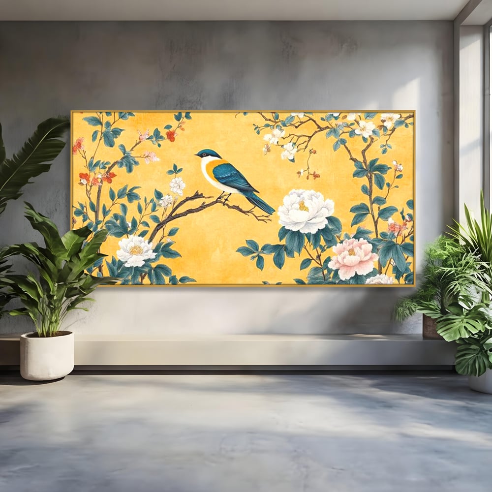 Tablou Canvas Premium, LuxCanva® M1068, Splendoare printre Bujori, Bujori, Oriental, Asiatic, Gradina, Pasari, Flori, Botanica, Pictura, Galben, Birou, Living, Camera Copil
