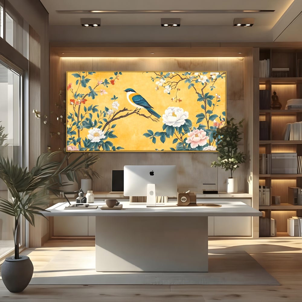 Tablou Canvas Premium, LuxCanva® M1068, Splendoare printre Bujori, Bujori, Oriental, Asiatic, Gradina, Pasari, Flori, Botanica, Pictura, Galben, Birou, Living, Camera Copil