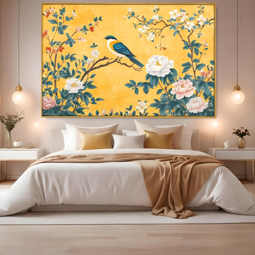 Tablou Canvas Premium, LuxCanva® M1068, Splendoare printre Bujori, Bujori, Oriental, Asiatic, Gradina, Pasari, Flori, Botanica, Pictura, Galben, Birou, Living, Camera Copil