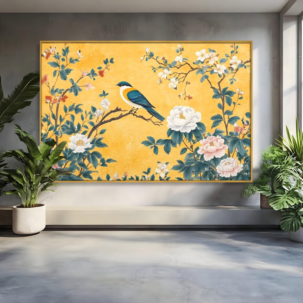 Tablou Canvas Premium, LuxCanva® M1068, Splendoare printre Bujori, Bujori, Oriental, Asiatic, Gradina, Pasari, Flori, Botanica, Pictura, Galben, Birou, Living, Camera Copil