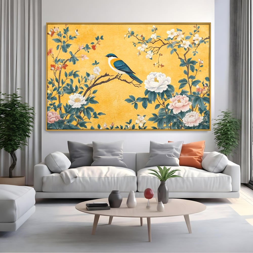 Tablou Canvas Premium, LuxCanva® M1068, Splendoare printre Bujori, Bujori, Oriental, Asiatic, Gradina, Pasari, Flori, Botanica, Pictura, Galben, Birou, Living, Camera Copil