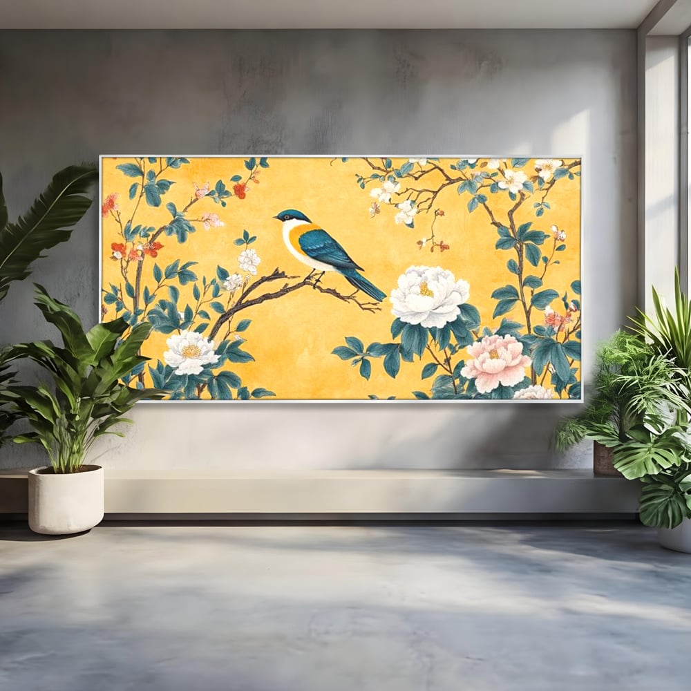 Tablou Canvas Premium, LuxCanva® M1068, Splendoare printre Bujori, Bujori, Oriental, Asiatic, Gradina, Pasari, Flori, Botanica, Pictura, Galben, Birou, Living, Camera Copil