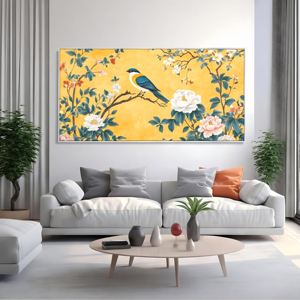 Tablou Canvas Premium, LuxCanva® M1068, Splendoare printre Bujori, Bujori, Oriental, Asiatic, Gradina, Pasari, Flori, Botanica, Pictura, Galben, Birou, Living, Camera Copil