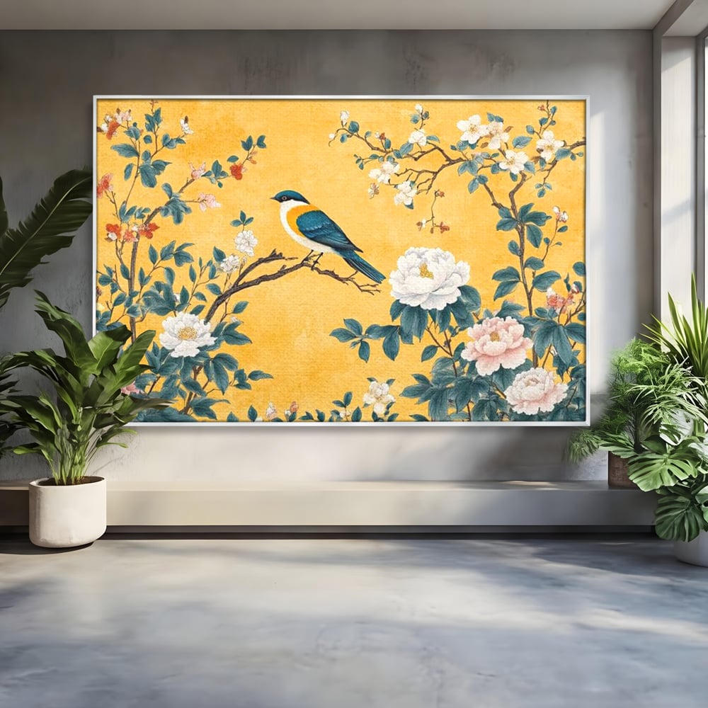Tablou Canvas Premium, LuxCanva® M1068, Splendoare printre Bujori, Bujori, Oriental, Asiatic, Gradina, Pasari, Flori, Botanica, Pictura, Galben, Birou, Living, Camera Copil