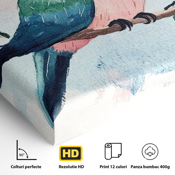 Tablou Canvas Premium, LuxCanva® M1069, Curcubeu in Miniatura, Papagal, Pui, Exotic, Curcubeu, Acuarela, Pictura, Ramura, Copilarie, Inocenta, Birou, Living, Camera Copil