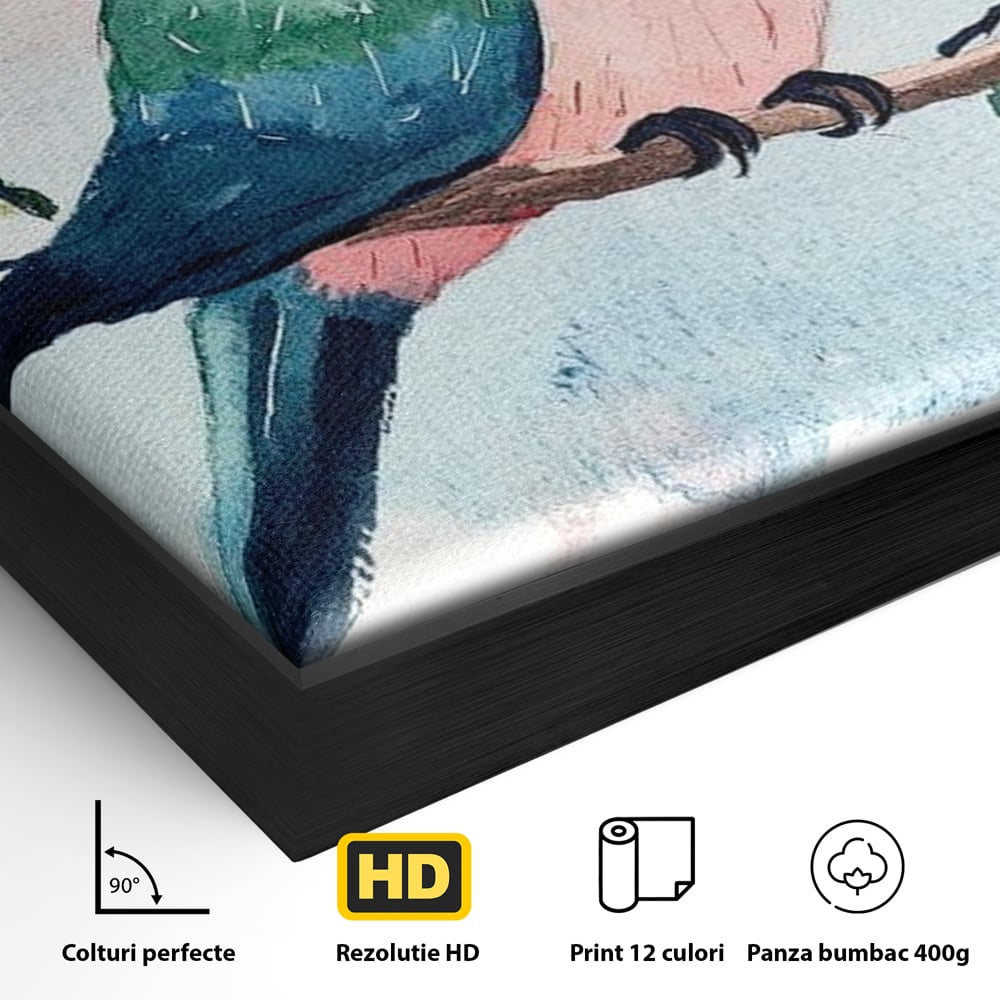 Tablou Canvas Premium, LuxCanva® M1069, Curcubeu in Miniatura, Papagal, Pui, Exotic, Curcubeu, Acuarela, Pictura, Ramura, Copilarie, Inocenta, Birou, Living, Camera Copil
