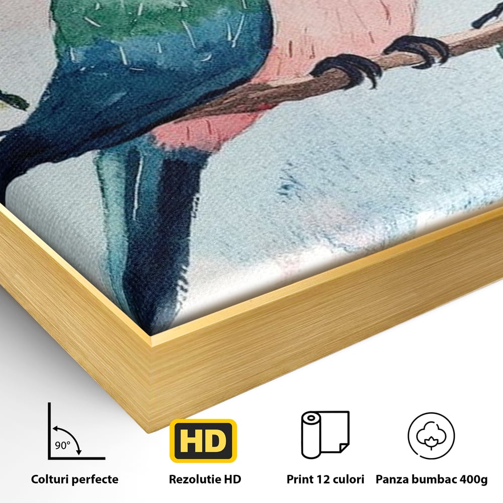 Tablou Canvas Premium, LuxCanva® M1069, Curcubeu in Miniatura, Papagal, Pui, Exotic, Curcubeu, Acuarela, Pictura, Ramura, Copilarie, Inocenta, Birou, Living, Camera Copil