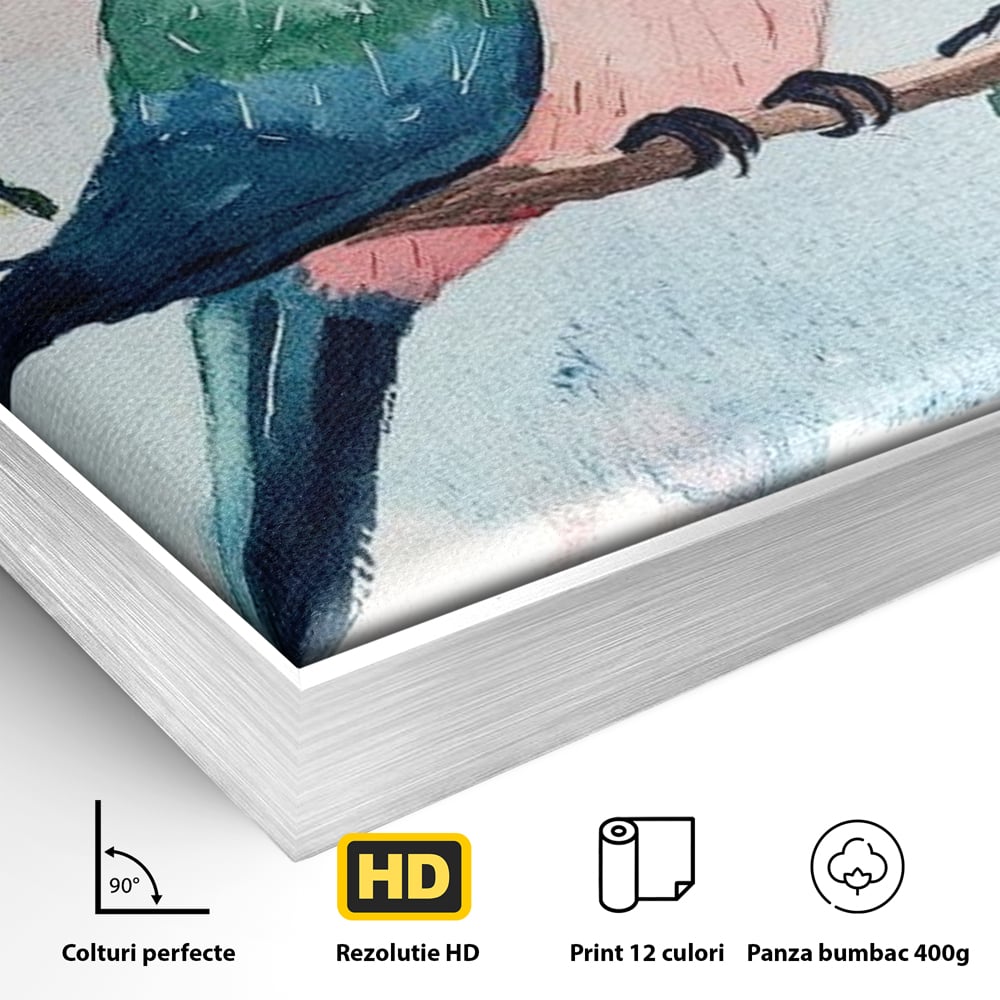 Tablou Canvas Premium, LuxCanva® M1069, Curcubeu in Miniatura, Papagal, Pui, Exotic, Curcubeu, Acuarela, Pictura, Ramura, Copilarie, Inocenta, Birou, Living, Camera Copil