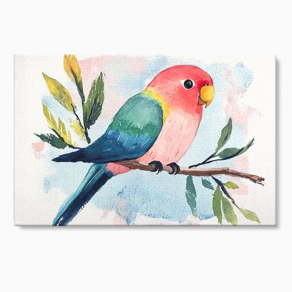 Tablou Canvas Premium, LuxCanva® M1069, Curcubeu in Miniatura, Papagal, Pui, Exotic, Curcubeu, Acuarela, Pictura, Ramura, Copilarie, Inocenta, Birou, Living, Camera Copil