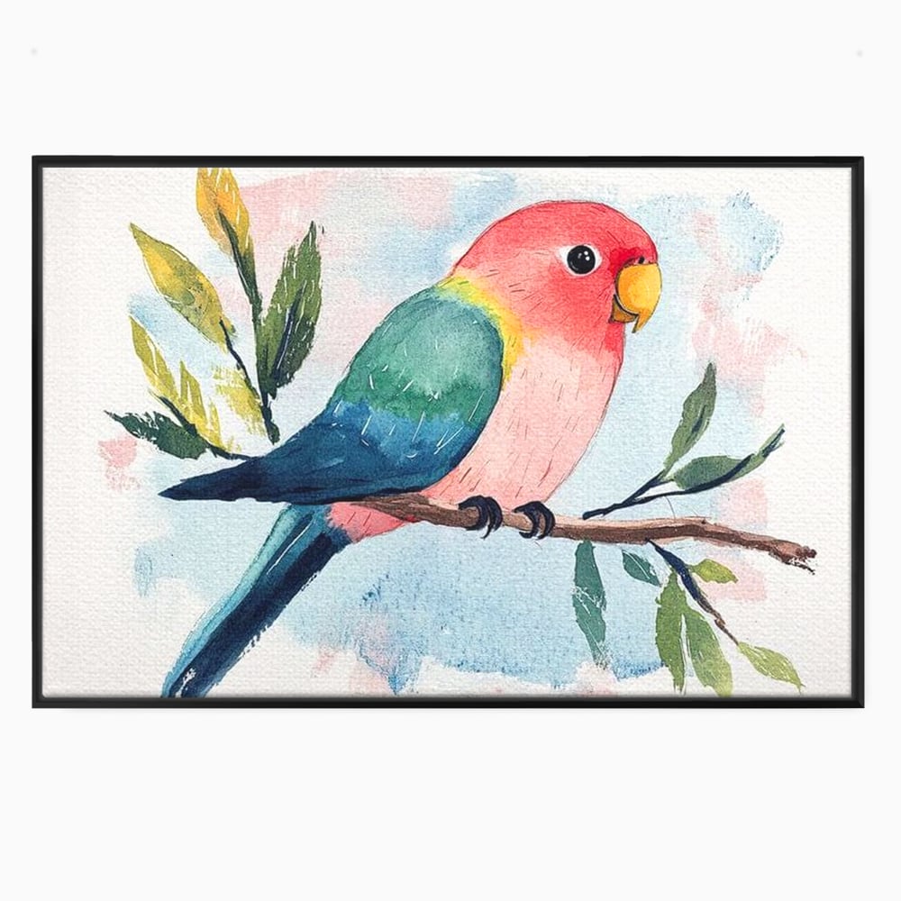 Tablou Canvas Premium, LuxCanva® M1069, Curcubeu in Miniatura, Papagal, Pui, Exotic, Curcubeu, Acuarela, Pictura, Ramura, Copilarie, Inocenta, Birou, Living, Camera Copil