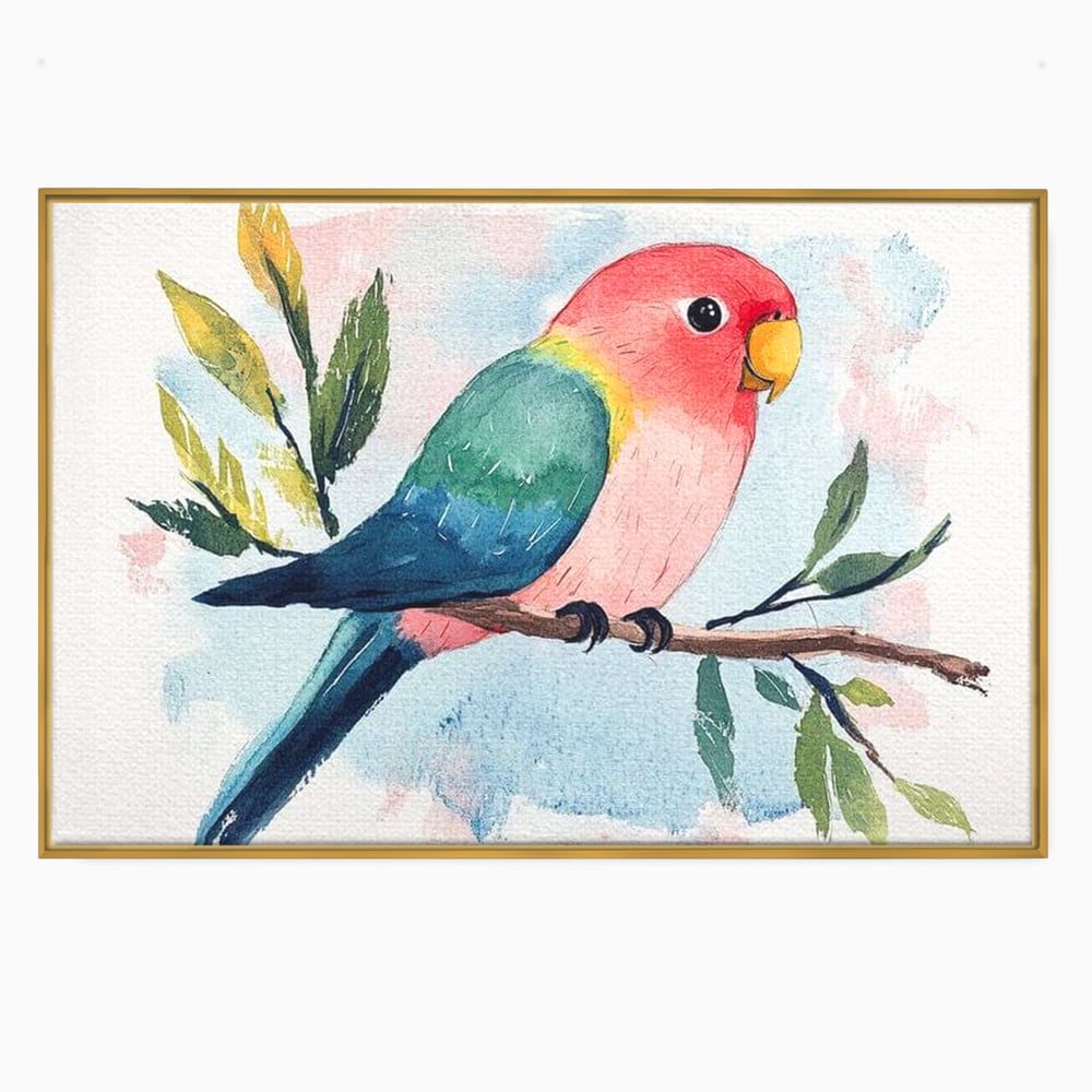 Tablou Canvas Premium, LuxCanva® M1069, Curcubeu in Miniatura, Papagal, Pui, Exotic, Curcubeu, Acuarela, Pictura, Ramura, Copilarie, Inocenta, Birou, Living, Camera Copil