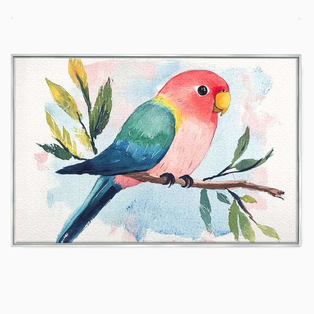 Tablou Canvas Premium, LuxCanva® M1069, Curcubeu in Miniatura, Papagal, Pui, Exotic, Curcubeu, Acuarela, Pictura, Ramura, Copilarie, Inocenta, Birou, Living, Camera Copil