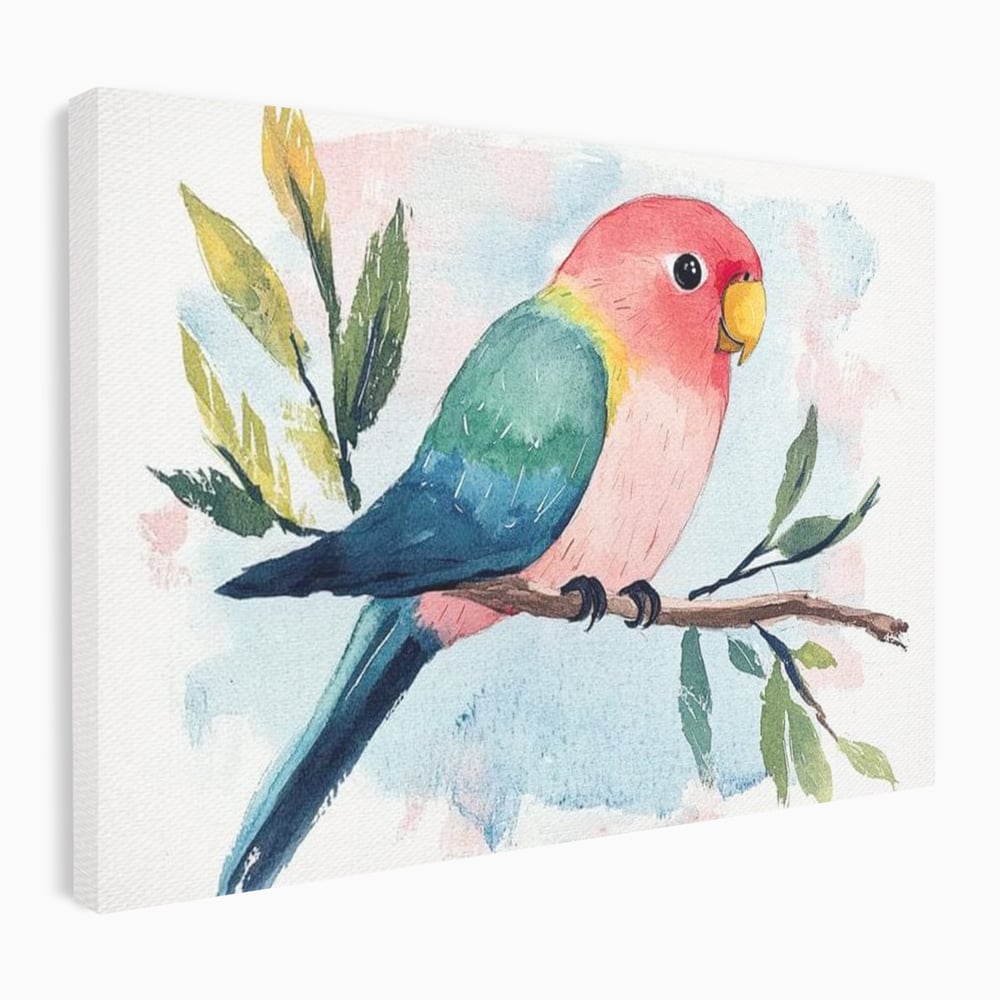 Tablou Canvas Premium, LuxCanva® M1069, Curcubeu in Miniatura, Papagal, Pui, Exotic, Curcubeu, Acuarela, Pictura, Ramura, Copilarie, Inocenta, Birou, Living, Camera Copil