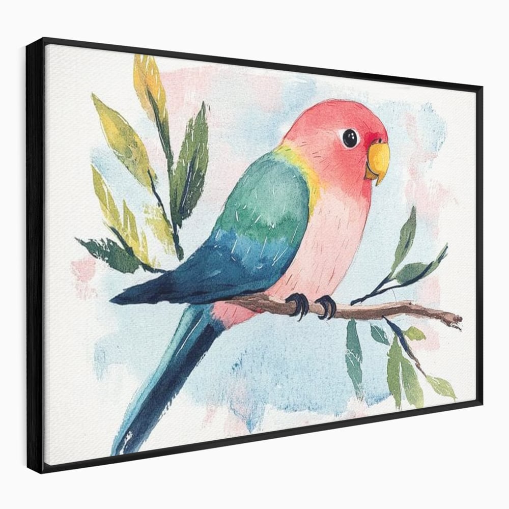 Tablou Canvas Premium, LuxCanva® M1069, Curcubeu in Miniatura, Papagal, Pui, Exotic, Curcubeu, Acuarela, Pictura, Ramura, Copilarie, Inocenta, Birou, Living, Camera Copil