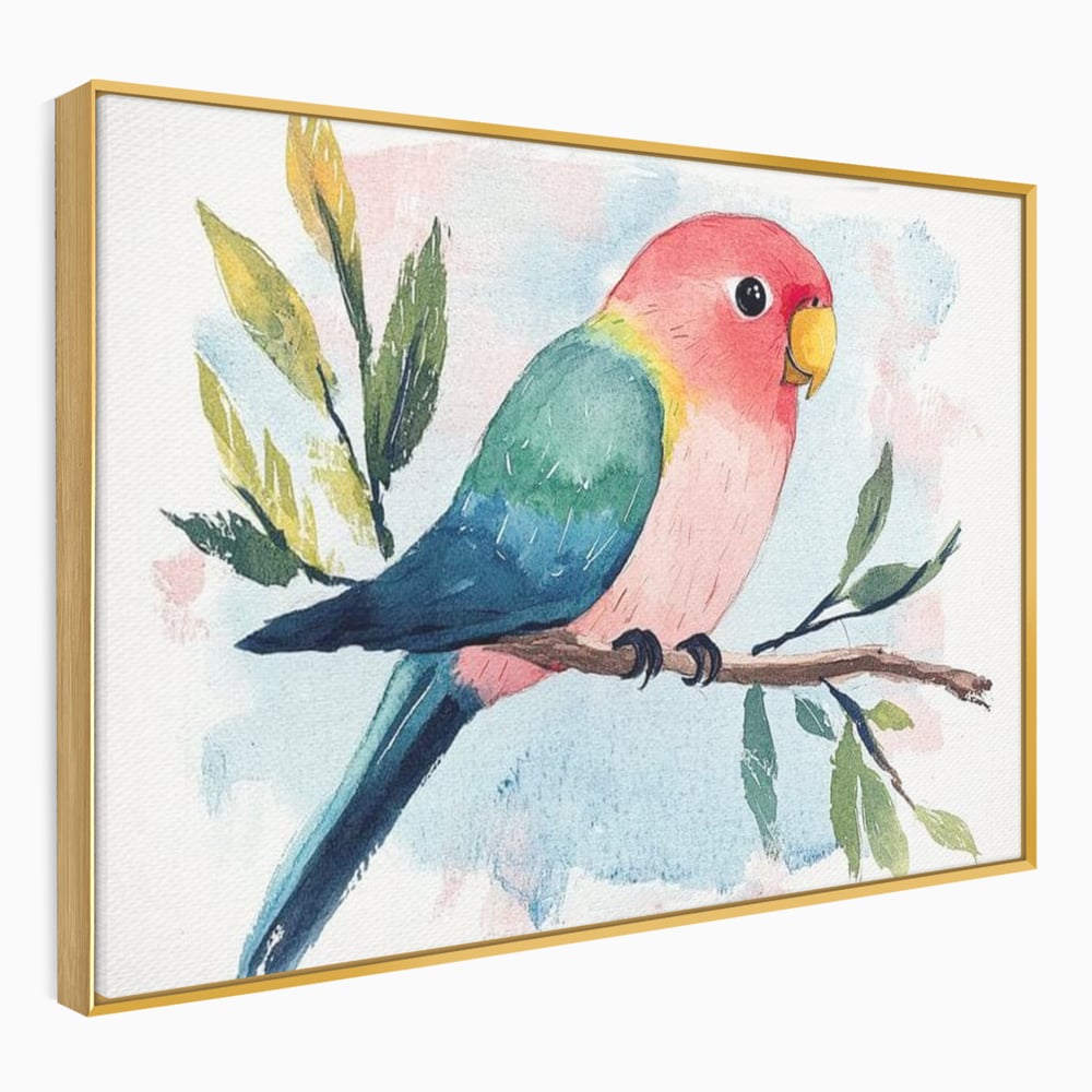 Tablou Canvas Premium, LuxCanva® M1069, Curcubeu in Miniatura, Papagal, Pui, Exotic, Curcubeu, Acuarela, Pictura, Ramura, Copilarie, Inocenta, Birou, Living, Camera Copil