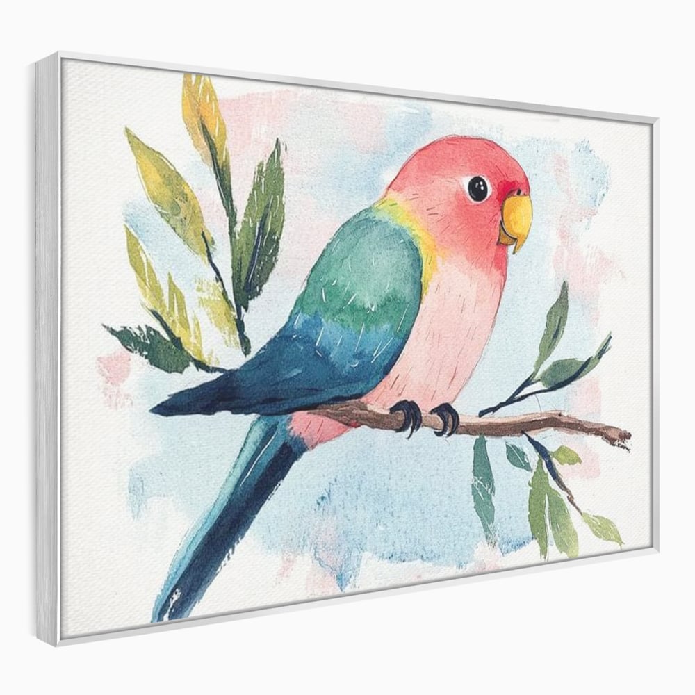 Tablou Canvas Premium, LuxCanva® M1069, Curcubeu in Miniatura, Papagal, Pui, Exotic, Curcubeu, Acuarela, Pictura, Ramura, Copilarie, Inocenta, Birou, Living, Camera Copil