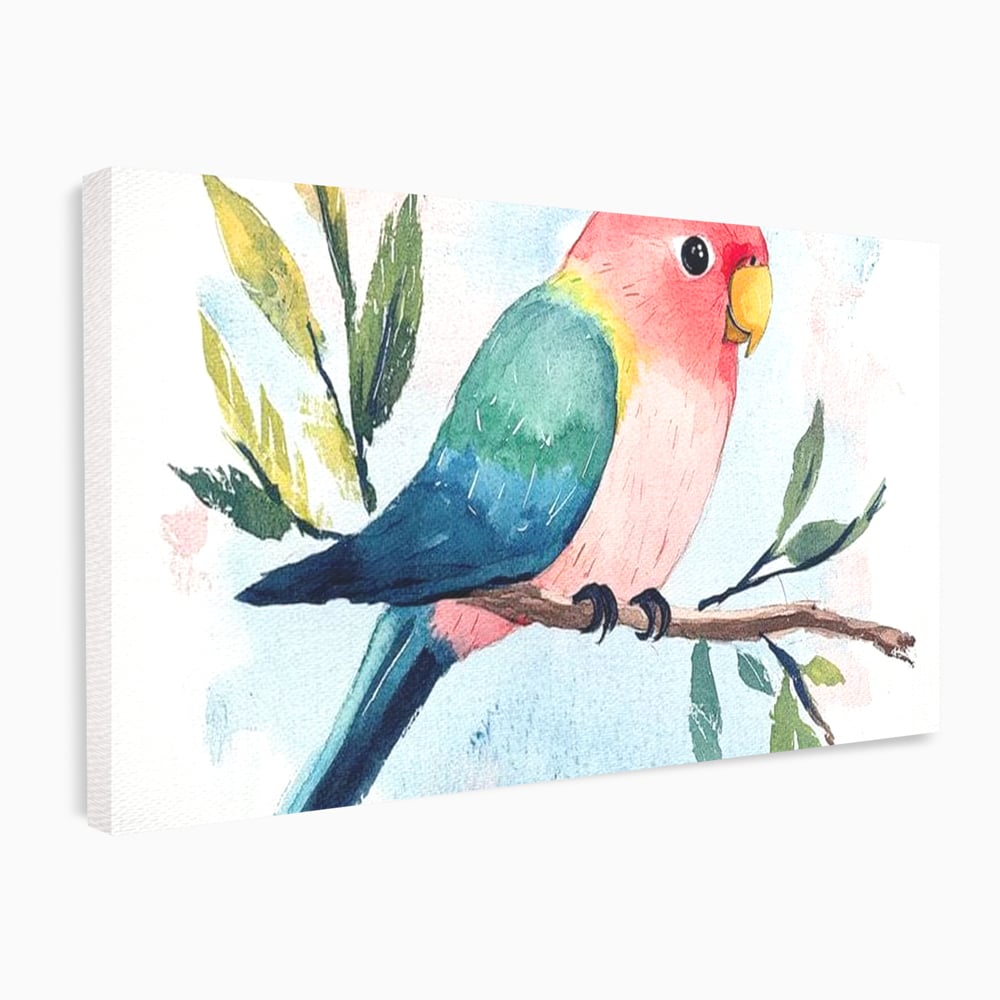 Tablou Canvas Premium, LuxCanva® M1069, Curcubeu in Miniatura, Papagal, Pui, Exotic, Curcubeu, Acuarela, Pictura, Ramura, Copilarie, Inocenta, Birou, Living, Camera Copil