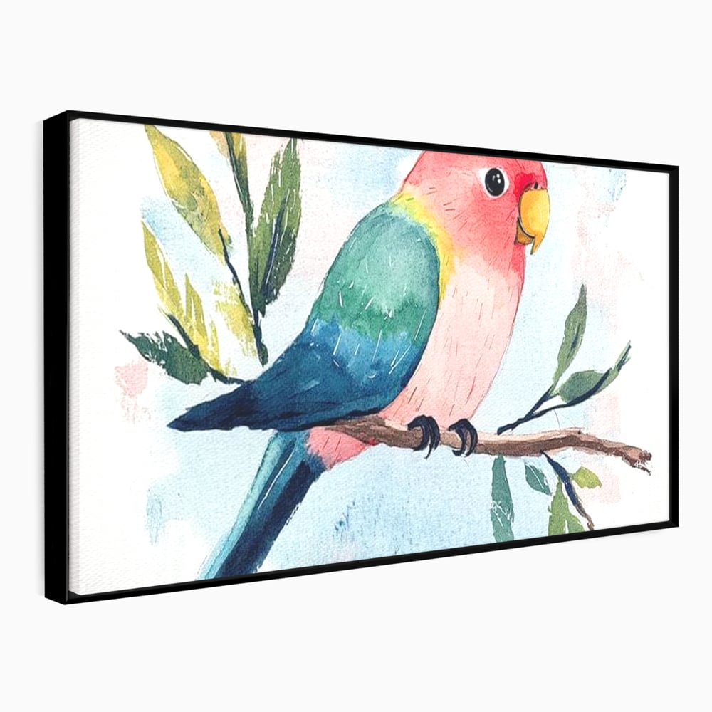 Tablou Canvas Premium, LuxCanva® M1069, Curcubeu in Miniatura, Papagal, Pui, Exotic, Curcubeu, Acuarela, Pictura, Ramura, Copilarie, Inocenta, Birou, Living, Camera Copil