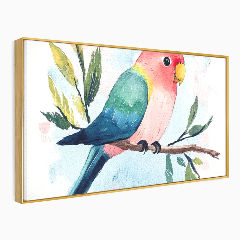 Tablou Canvas Premium, LuxCanva® M1069, Curcubeu in Miniatura, Papagal, Pui, Exotic, Curcubeu, Acuarela, Pictura, Ramura, Copilarie, Inocenta, Birou, Living, Camera Copil