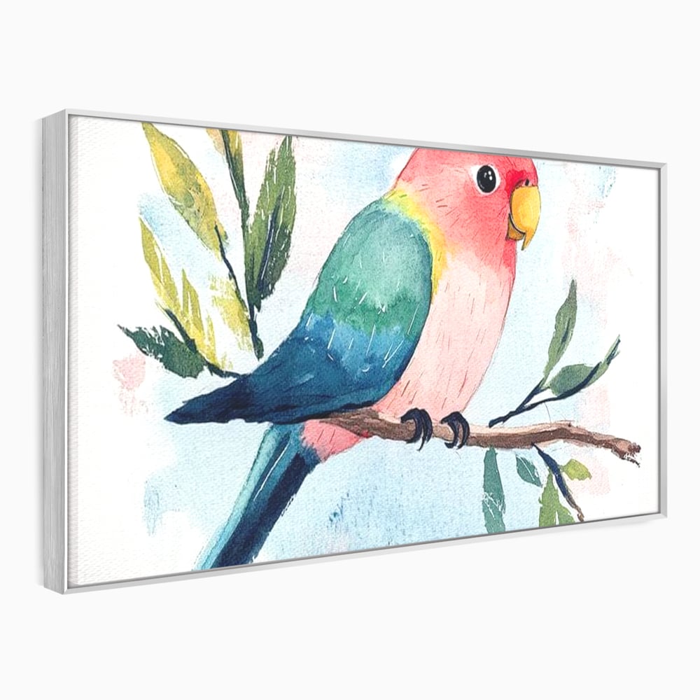 Tablou Canvas Premium, LuxCanva® M1069, Curcubeu in Miniatura, Papagal, Pui, Exotic, Curcubeu, Acuarela, Pictura, Ramura, Copilarie, Inocenta, Birou, Living, Camera Copil