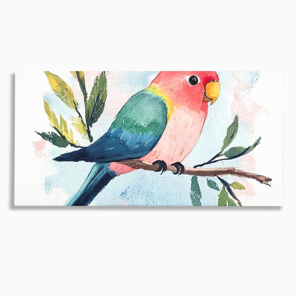 Tablou Canvas Premium, LuxCanva® M1069, Curcubeu in Miniatura, Papagal, Pui, Exotic, Curcubeu, Acuarela, Pictura, Ramura, Copilarie, Inocenta, Birou, Living, Camera Copil