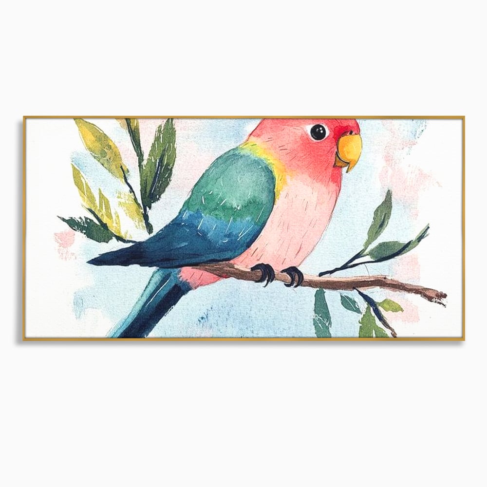 Tablou Canvas Premium, LuxCanva® M1069, Curcubeu in Miniatura, Papagal, Pui, Exotic, Curcubeu, Acuarela, Pictura, Ramura, Copilarie, Inocenta, Birou, Living, Camera Copil