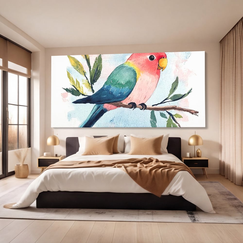 Tablou Canvas Premium, LuxCanva® M1069, Curcubeu in Miniatura, Papagal, Pui, Exotic, Curcubeu, Acuarela, Pictura, Ramura, Copilarie, Inocenta, Birou, Living, Camera Copil