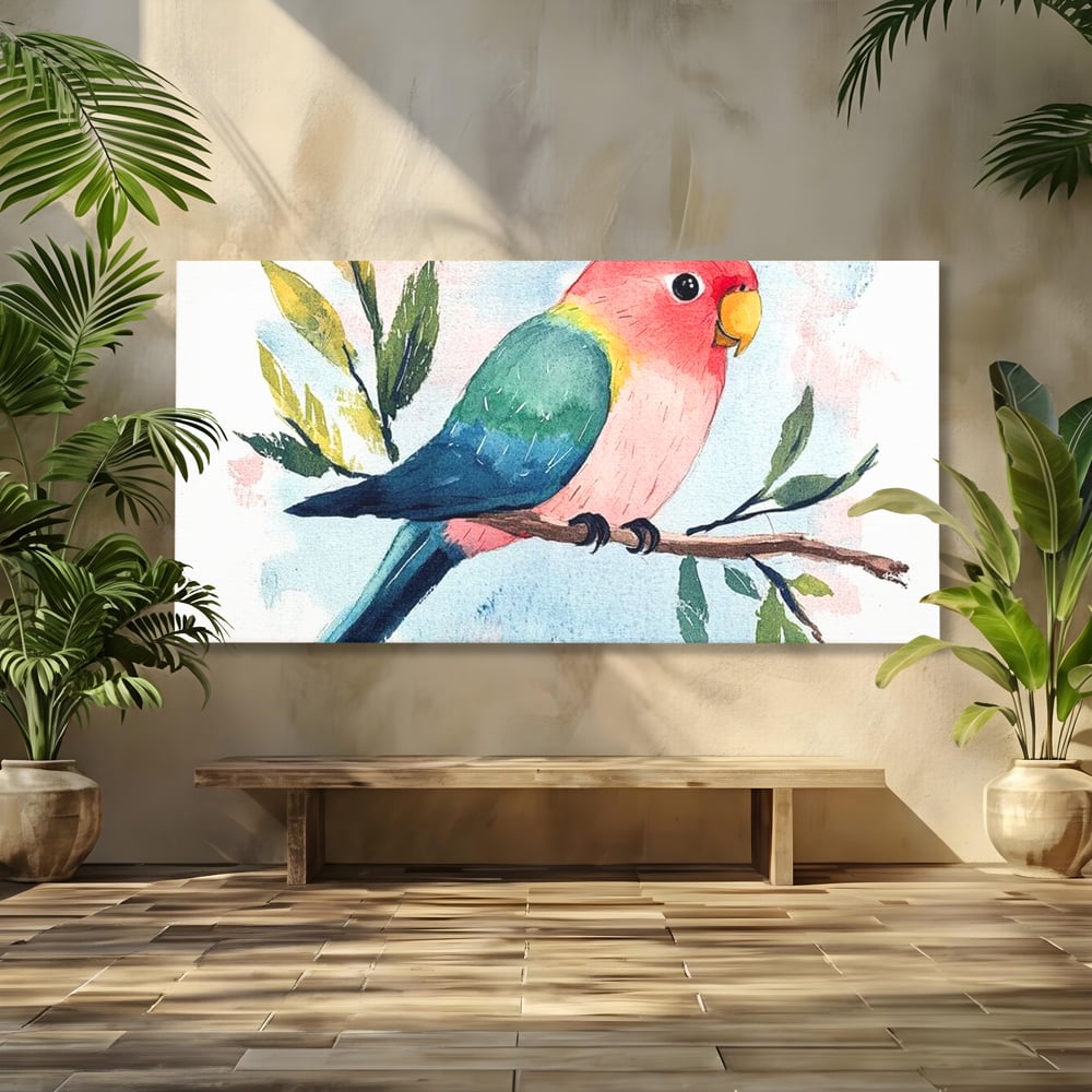 Tablou Canvas Premium, LuxCanva® M1069, Curcubeu in Miniatura, Papagal, Pui, Exotic, Curcubeu, Acuarela, Pictura, Ramura, Copilarie, Inocenta, Birou, Living, Camera Copil