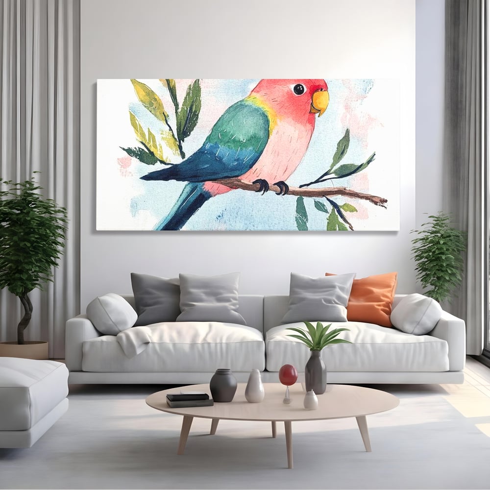 Tablou Canvas Premium, LuxCanva® M1069, Curcubeu in Miniatura, Papagal, Pui, Exotic, Curcubeu, Acuarela, Pictura, Ramura, Copilarie, Inocenta, Birou, Living, Camera Copil