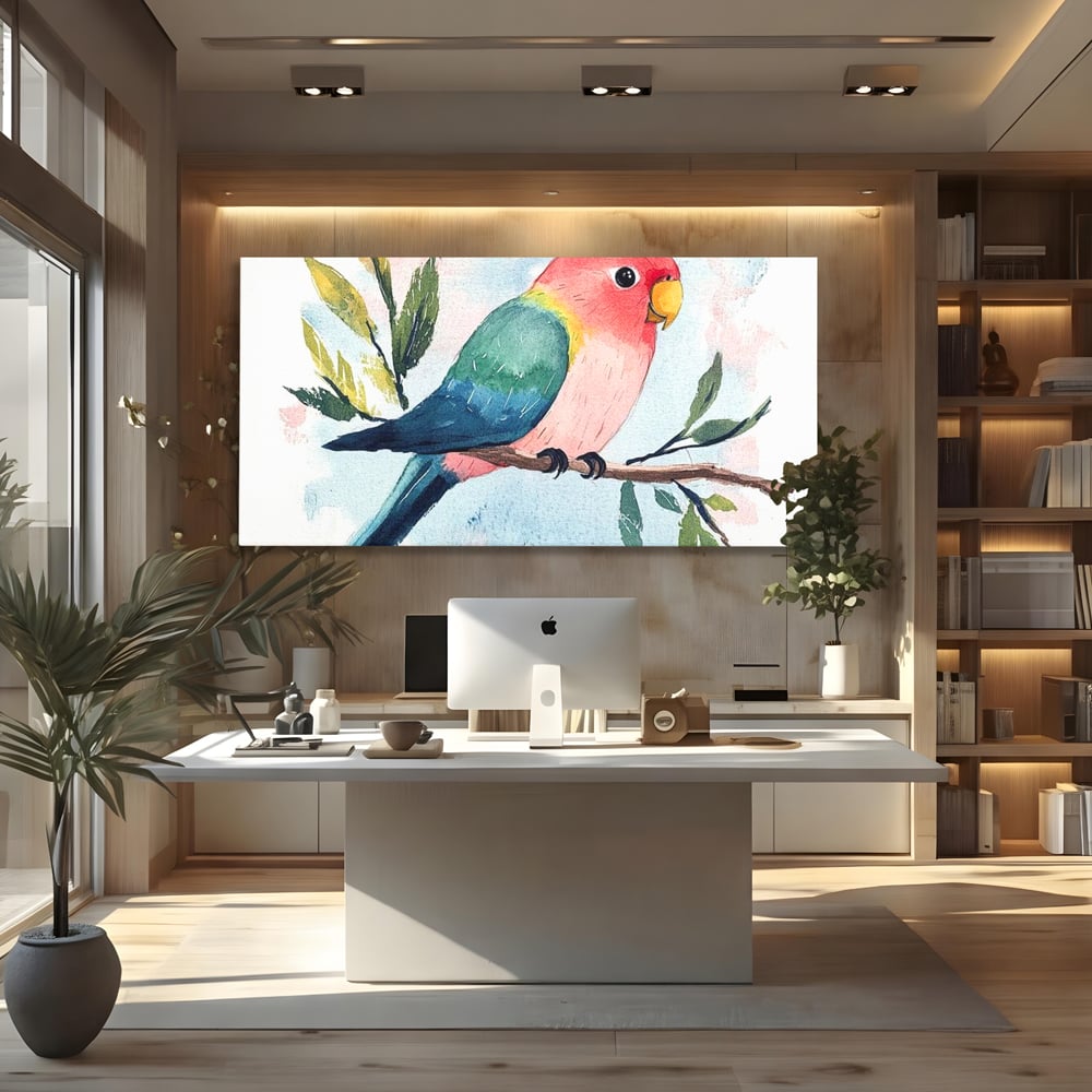 Tablou Canvas Premium, LuxCanva® M1069, Curcubeu in Miniatura, Papagal, Pui, Exotic, Curcubeu, Acuarela, Pictura, Ramura, Copilarie, Inocenta, Birou, Living, Camera Copil