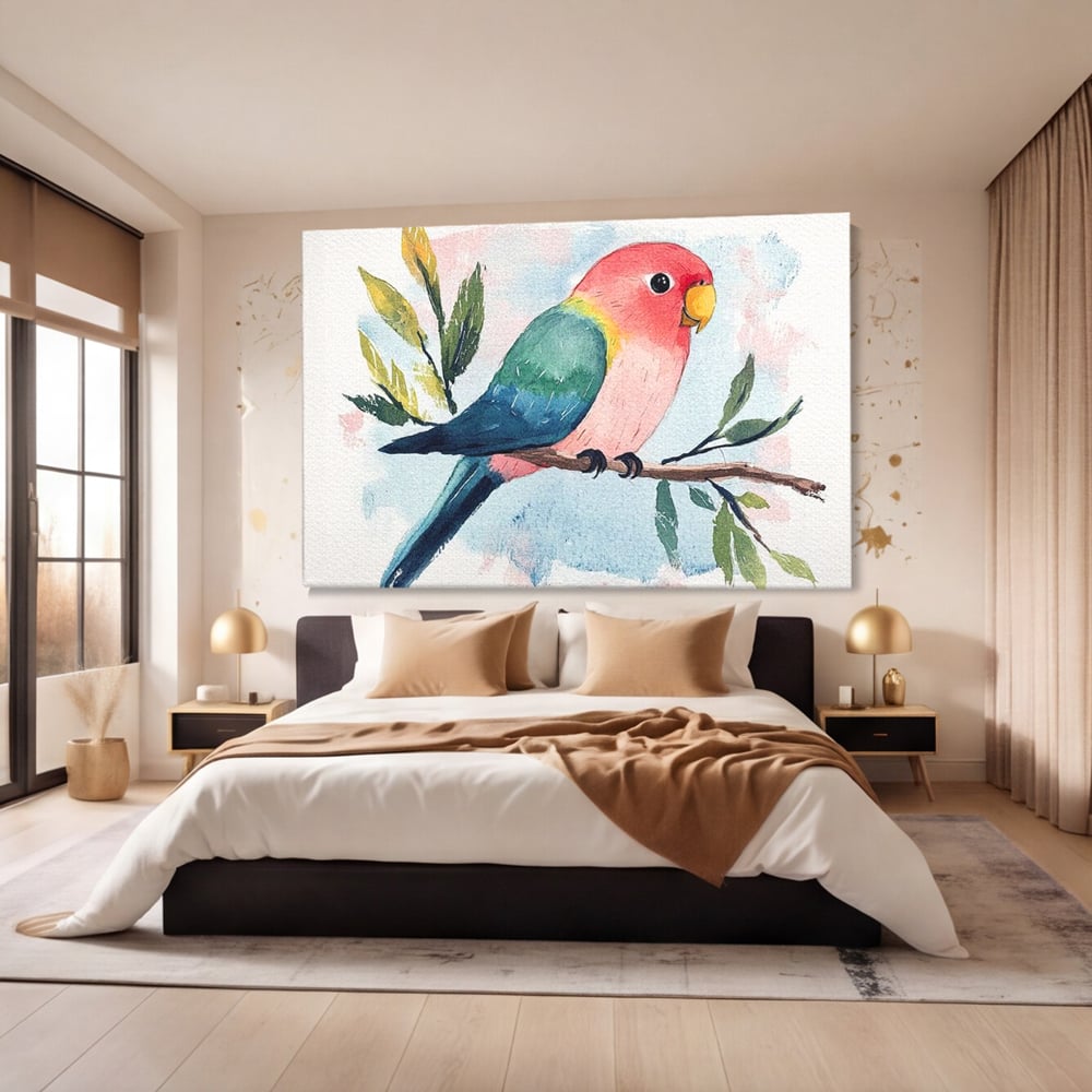 Tablou Canvas Premium, LuxCanva® M1069, Curcubeu in Miniatura, Papagal, Pui, Exotic, Curcubeu, Acuarela, Pictura, Ramura, Copilarie, Inocenta, Birou, Living, Camera Copil