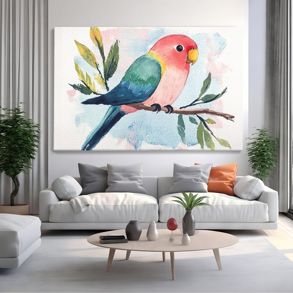 Tablou Canvas Premium, LuxCanva® M1069, Curcubeu in Miniatura, Papagal, Pui, Exotic, Curcubeu, Acuarela, Pictura, Ramura, Copilarie, Inocenta, Birou, Living, Camera Copil
