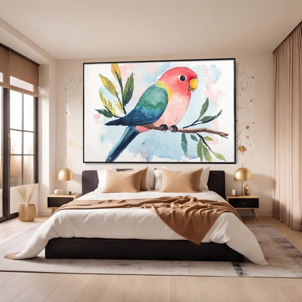 Tablou Canvas Premium, LuxCanva® M1069, Curcubeu in Miniatura, Papagal, Pui, Exotic, Curcubeu, Acuarela, Pictura, Ramura, Copilarie, Inocenta, Birou, Living, Camera Copil