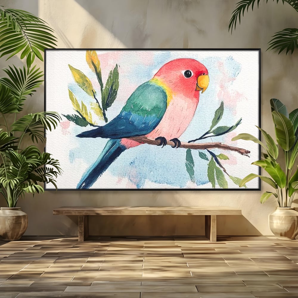 Tablou Canvas Premium, LuxCanva® M1069, Curcubeu in Miniatura, Papagal, Pui, Exotic, Curcubeu, Acuarela, Pictura, Ramura, Copilarie, Inocenta, Birou, Living, Camera Copil
