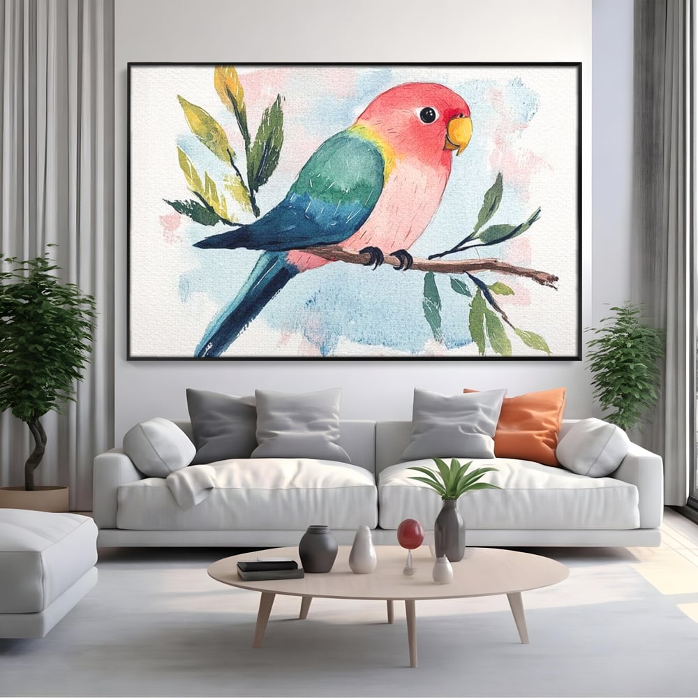 Tablou Canvas Premium, LuxCanva® M1069, Curcubeu in Miniatura, Papagal, Pui, Exotic, Curcubeu, Acuarela, Pictura, Ramura, Copilarie, Inocenta, Birou, Living, Camera Copil