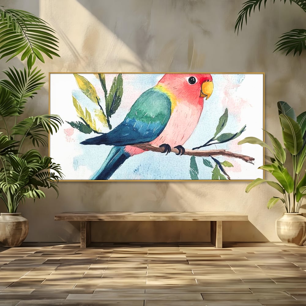 Tablou Canvas Premium, LuxCanva® M1069, Curcubeu in Miniatura, Papagal, Pui, Exotic, Curcubeu, Acuarela, Pictura, Ramura, Copilarie, Inocenta, Birou, Living, Camera Copil