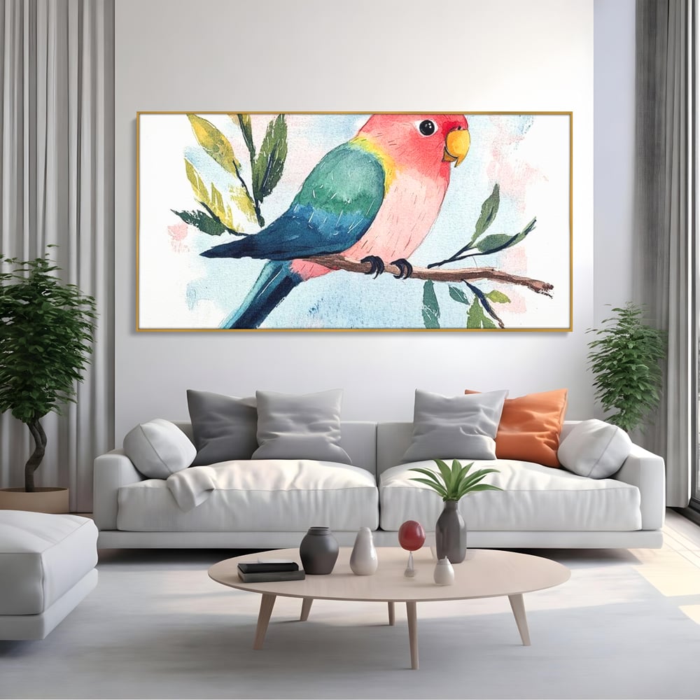 Tablou Canvas Premium, LuxCanva® M1069, Curcubeu in Miniatura, Papagal, Pui, Exotic, Curcubeu, Acuarela, Pictura, Ramura, Copilarie, Inocenta, Birou, Living, Camera Copil