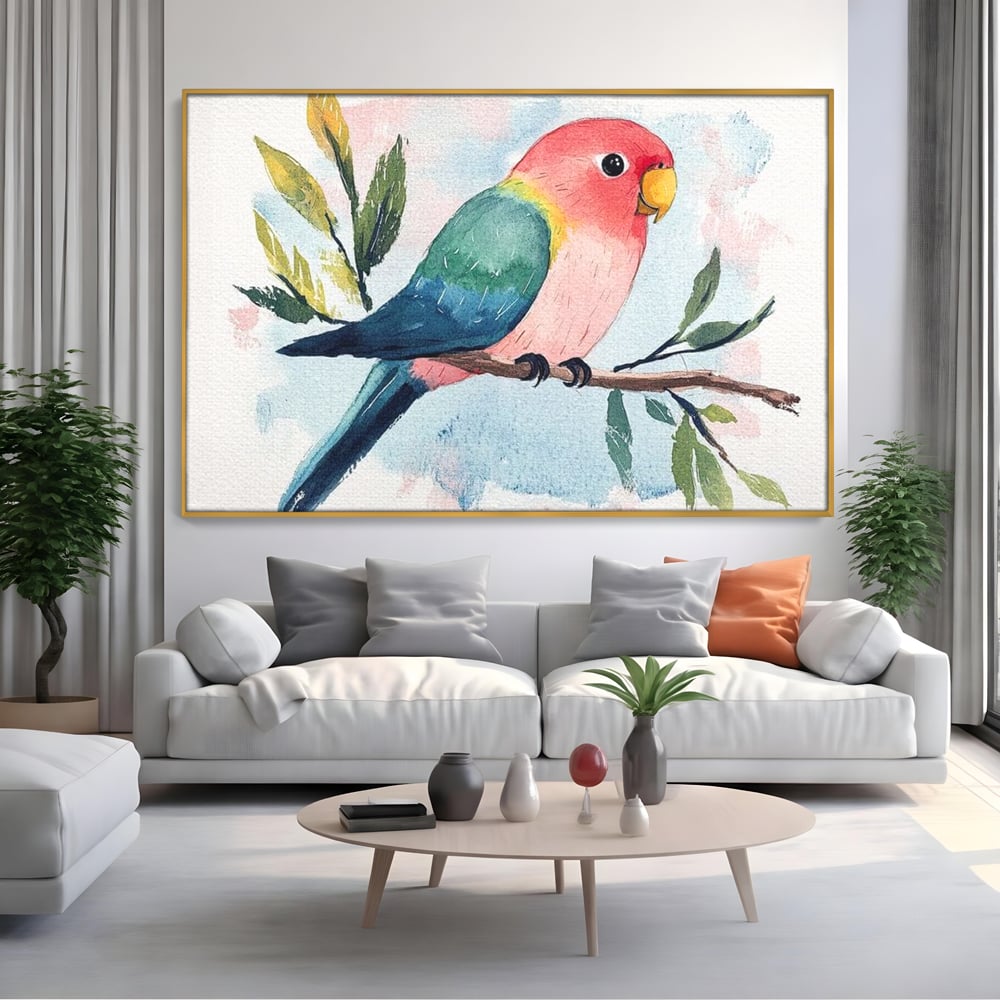 Tablou Canvas Premium, LuxCanva® M1069, Curcubeu in Miniatura, Papagal, Pui, Exotic, Curcubeu, Acuarela, Pictura, Ramura, Copilarie, Inocenta, Birou, Living, Camera Copil