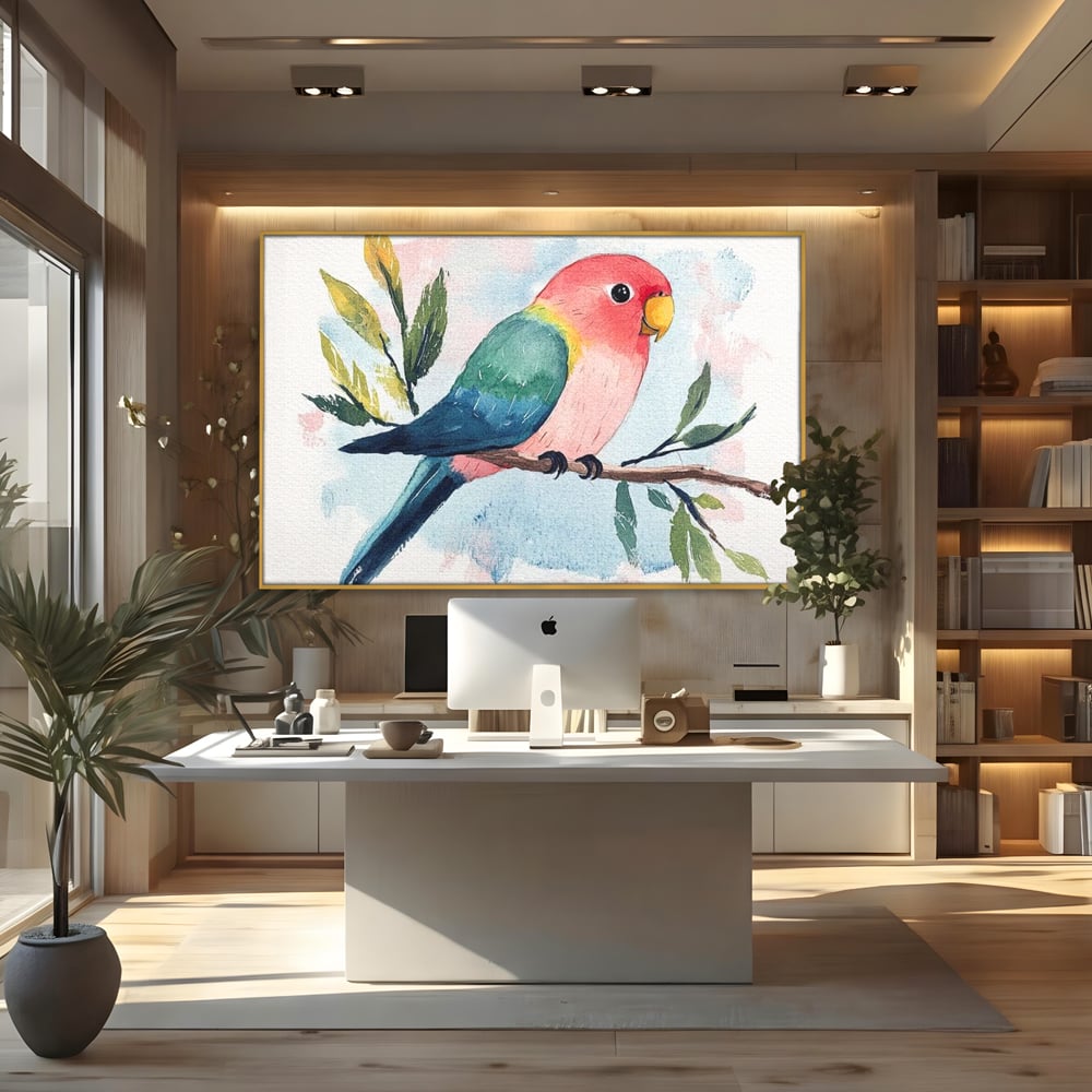 Tablou Canvas Premium, LuxCanva® M1069, Curcubeu in Miniatura, Papagal, Pui, Exotic, Curcubeu, Acuarela, Pictura, Ramura, Copilarie, Inocenta, Birou, Living, Camera Copil