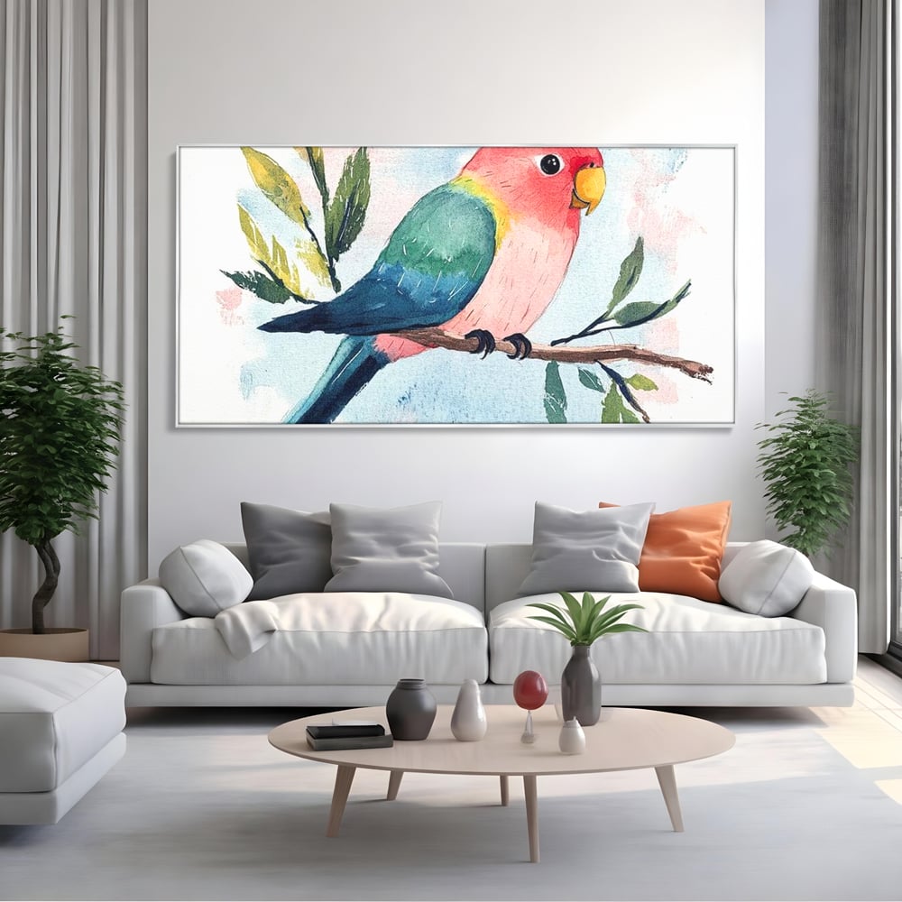 Tablou Canvas Premium, LuxCanva® M1069, Curcubeu in Miniatura, Papagal, Pui, Exotic, Curcubeu, Acuarela, Pictura, Ramura, Copilarie, Inocenta, Birou, Living, Camera Copil