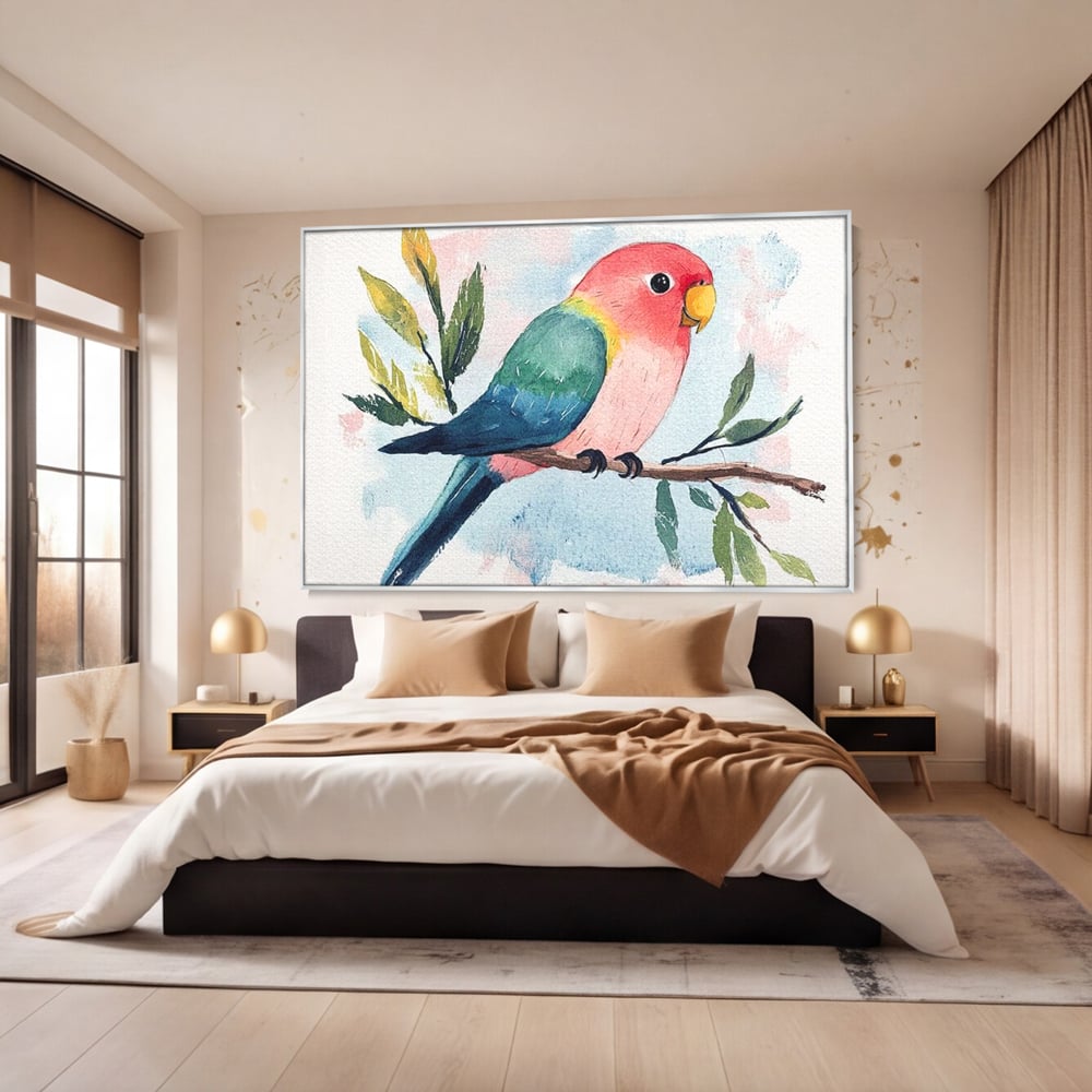Tablou Canvas Premium, LuxCanva® M1069, Curcubeu in Miniatura, Papagal, Pui, Exotic, Curcubeu, Acuarela, Pictura, Ramura, Copilarie, Inocenta, Birou, Living, Camera Copil
