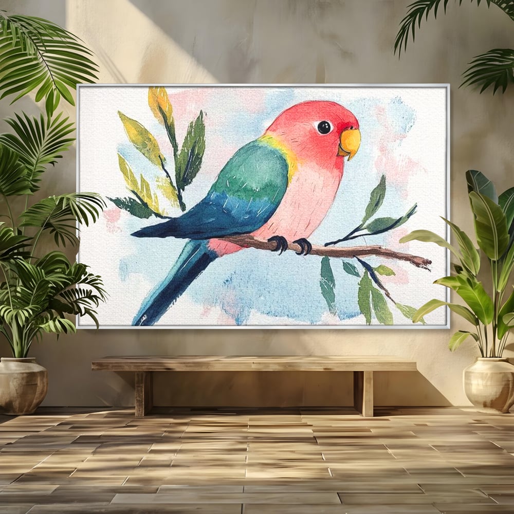 Tablou Canvas Premium, LuxCanva® M1069, Curcubeu in Miniatura, Papagal, Pui, Exotic, Curcubeu, Acuarela, Pictura, Ramura, Copilarie, Inocenta, Birou, Living, Camera Copil