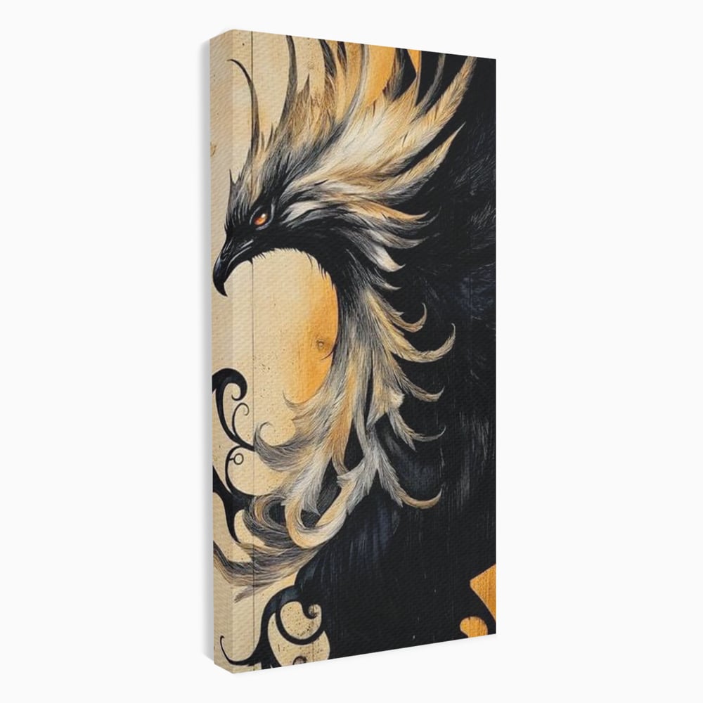 Tablou Canvas Premium, LuxCanva® M1070, Ecoul Cenusii Aprinse, Phoenix, Mitologie, Foc, Cenusa, Lumina, Intuneric, Auriu, Renastere, Pasari, Pene, Birou, Living, Camera Copil