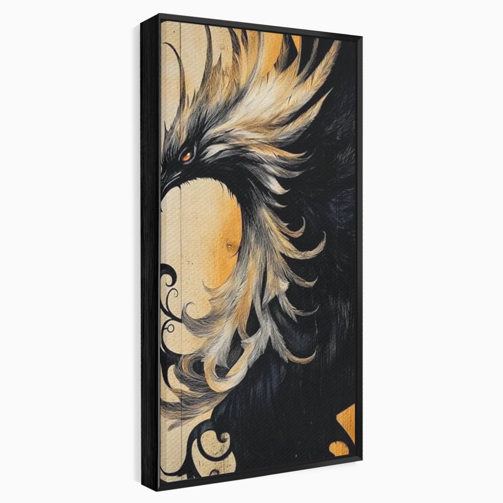 Tablou Canvas Premium, LuxCanva® M1070, Ecoul Cenusii Aprinse, Phoenix, Mitologie, Foc, Cenusa, Lumina, Intuneric, Auriu, Renastere, Pasari, Pene, Birou, Living, Camera Copil