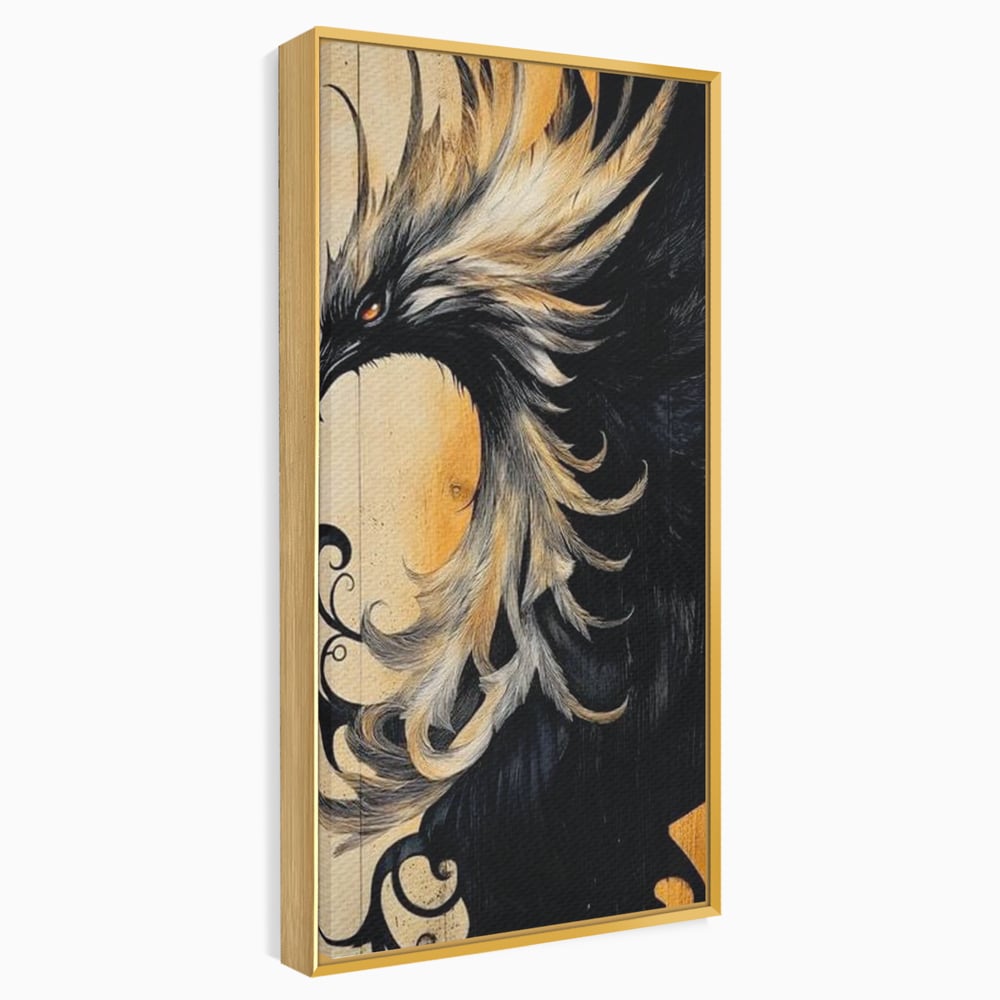 Tablou Canvas Premium, LuxCanva® M1070, Ecoul Cenusii Aprinse, Phoenix, Mitologie, Foc, Cenusa, Lumina, Intuneric, Auriu, Renastere, Pasari, Pene, Birou, Living, Camera Copil